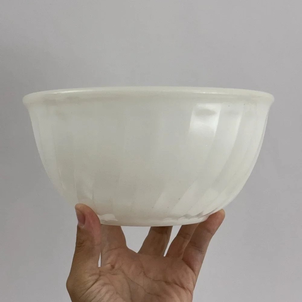 Vintage Fire King Oven Ware White Ribbed Swirl Milk Glass Mixing Bowl - 7 Inches